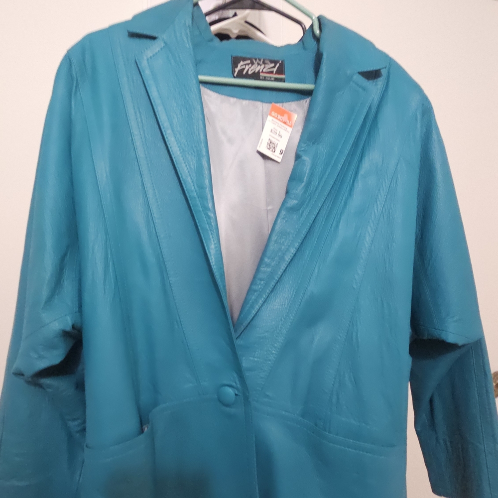 FRENZI New Zealand Vintage 80's Woman's TEAL Genuine Leather blazer size 12